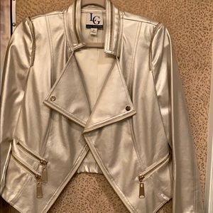 Faux pearl leather jacket with gold zippers